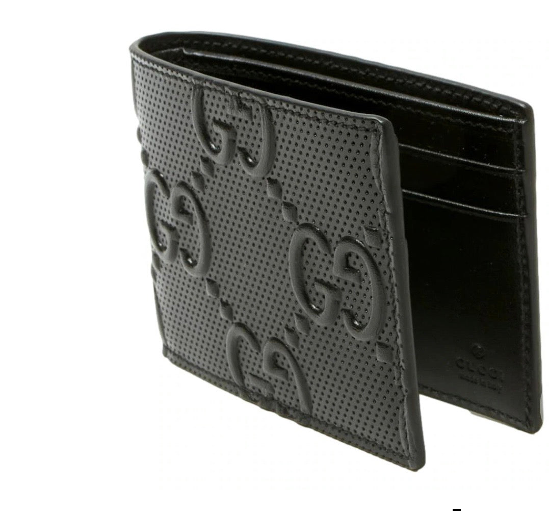 Gucci Calfskin Leather GG Tennis Embossed Bi-Fold Wallet Black