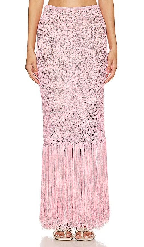 DEVON WINDSOR pink fringe crochet skirt