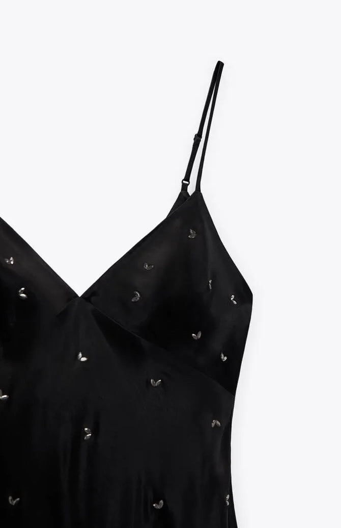 ZARA - Black Mini Slip Dress with Rhinestones