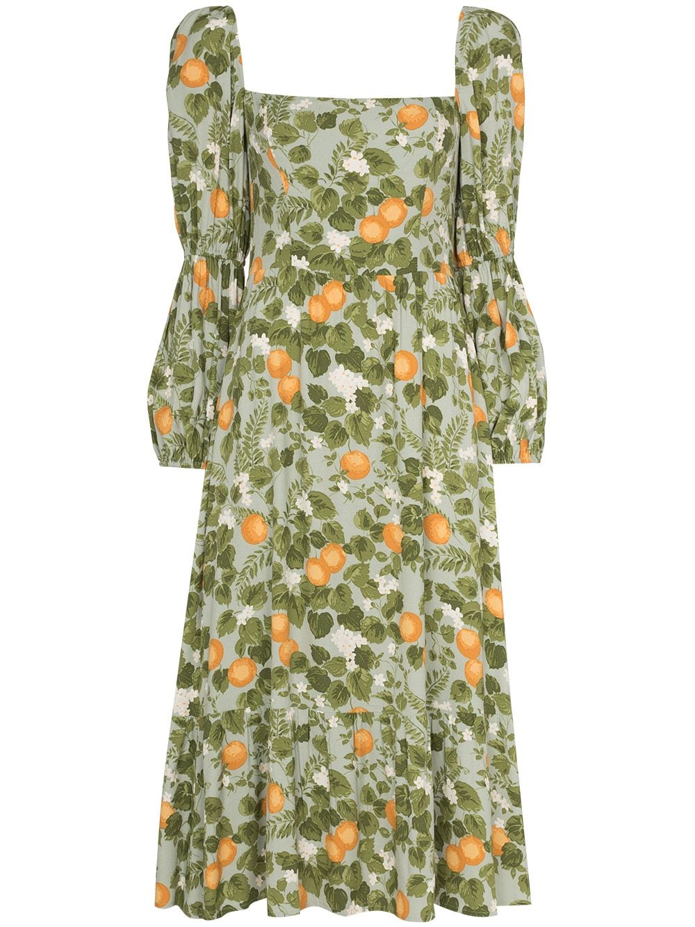 Reformation Lemon and Floral Print Puff Sleeve Tiered Green Midi Dress