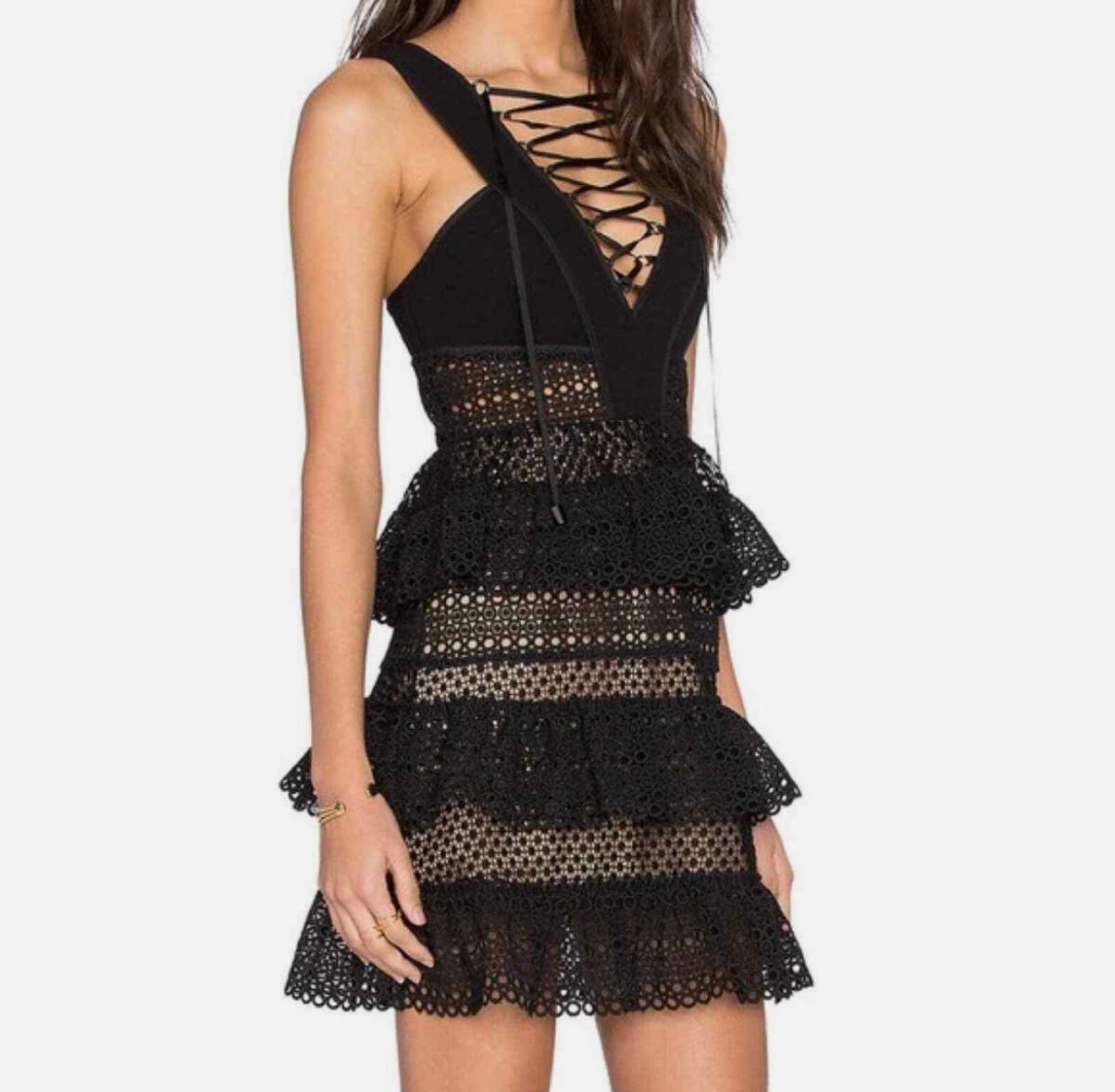 Self-Portrait Lace Up Tiered Black Dress