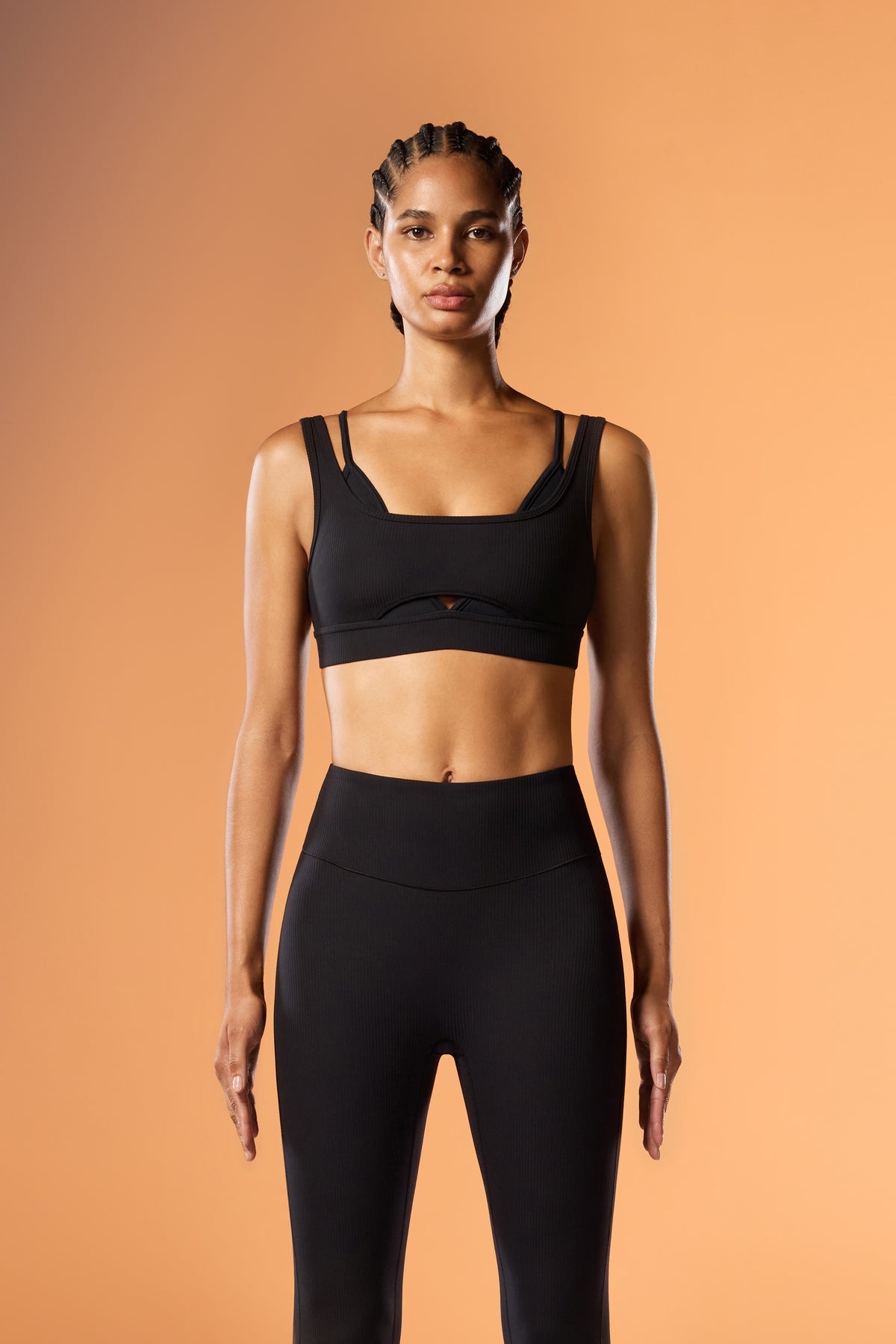 STRETCH YOUR STORY black ribbed sports bra and leggings