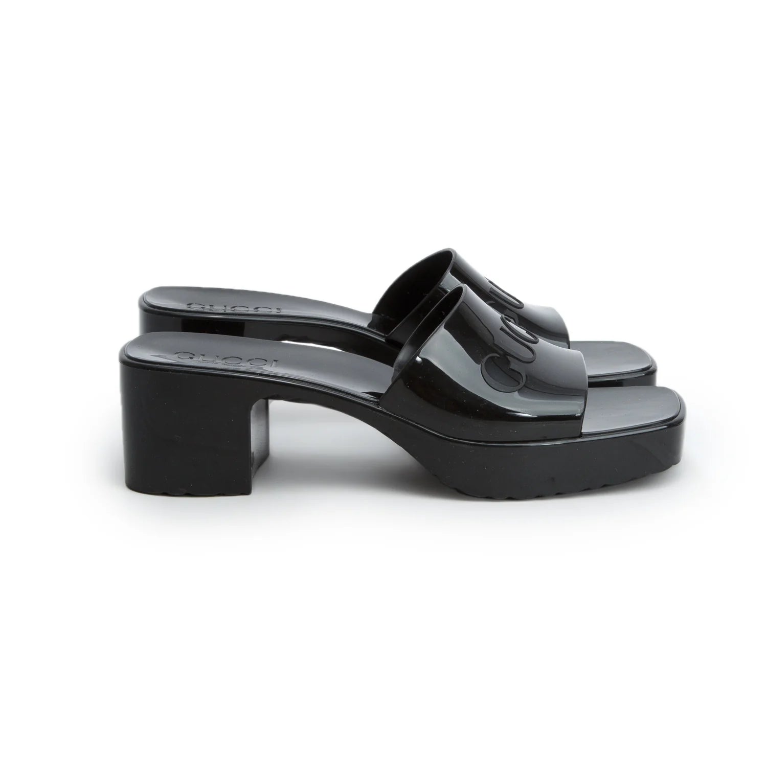 GUCCI black rubber logo platform slide sandals