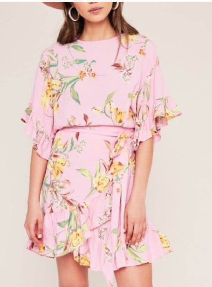 AFRM - Tokyo Ruffle Sleeve Pink Tulip Wrap Minidress Floral