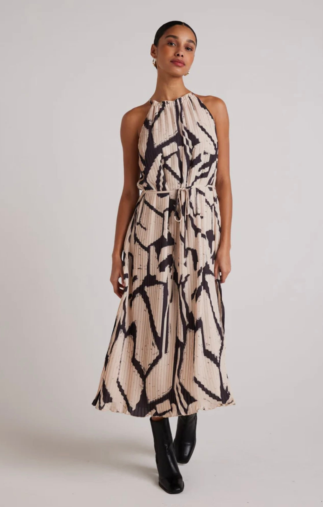 BELLA DAHL - Knife Pleat Halter Maxi Dress - Ivory Mosaic Print