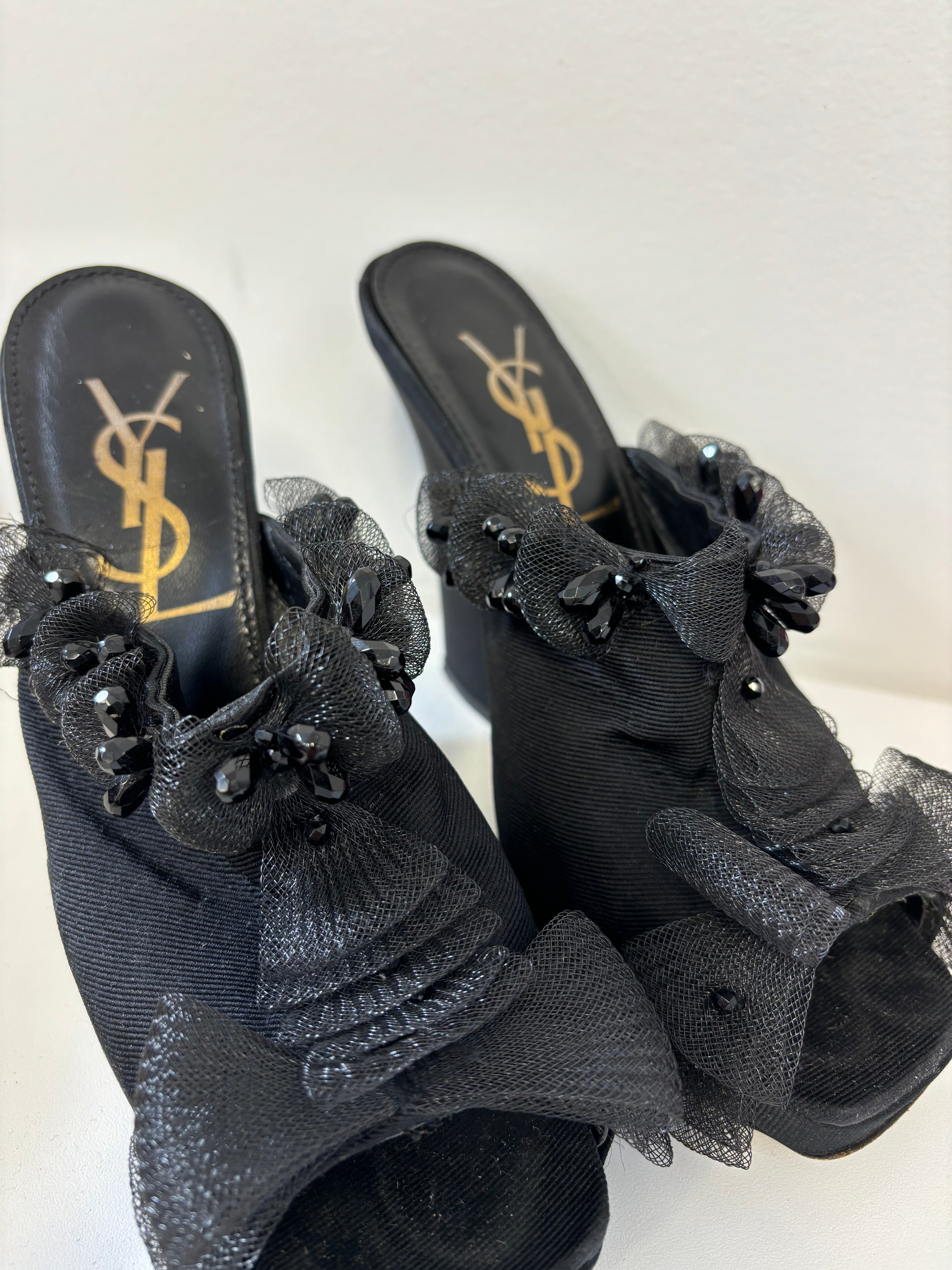 YSL black wedge evening shoes with bow and beading details