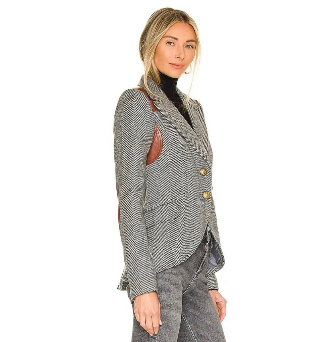 SMYTHE 
Rifle-Patch Equestrian Blazergrey - Grey Herringbone & Mahogany Leather
