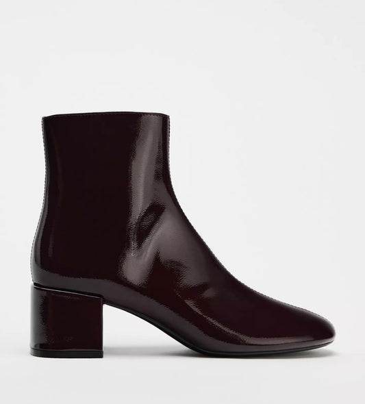 Zara - Faux Patent Leather Round Toe Ankle Boots