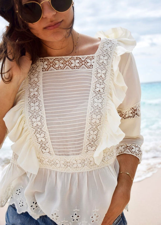 ULLA JOHNSON cream tunic with lace and eyelet