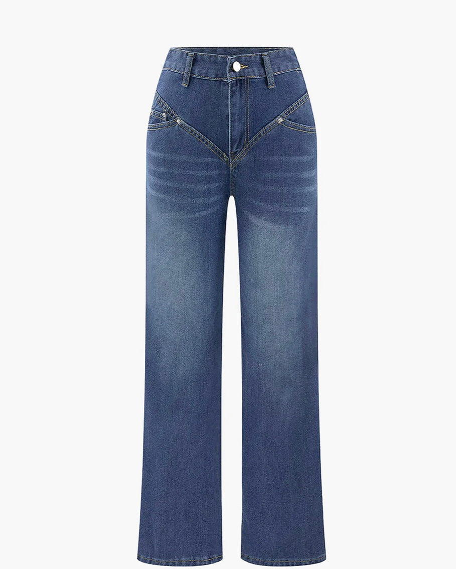COMMENSE - VINTAGE WASH DENIM STRAIGHT LEG JEANS