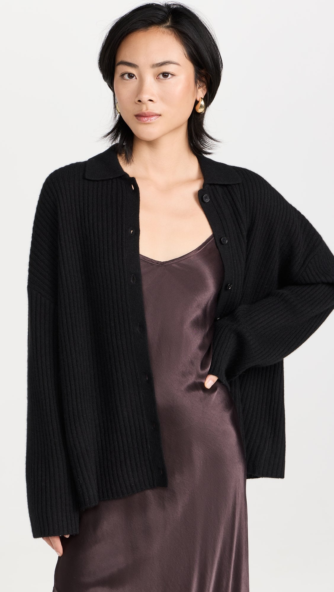 Reformation Black Ribble Knit Cashmere Button Front Cardigan with Collar