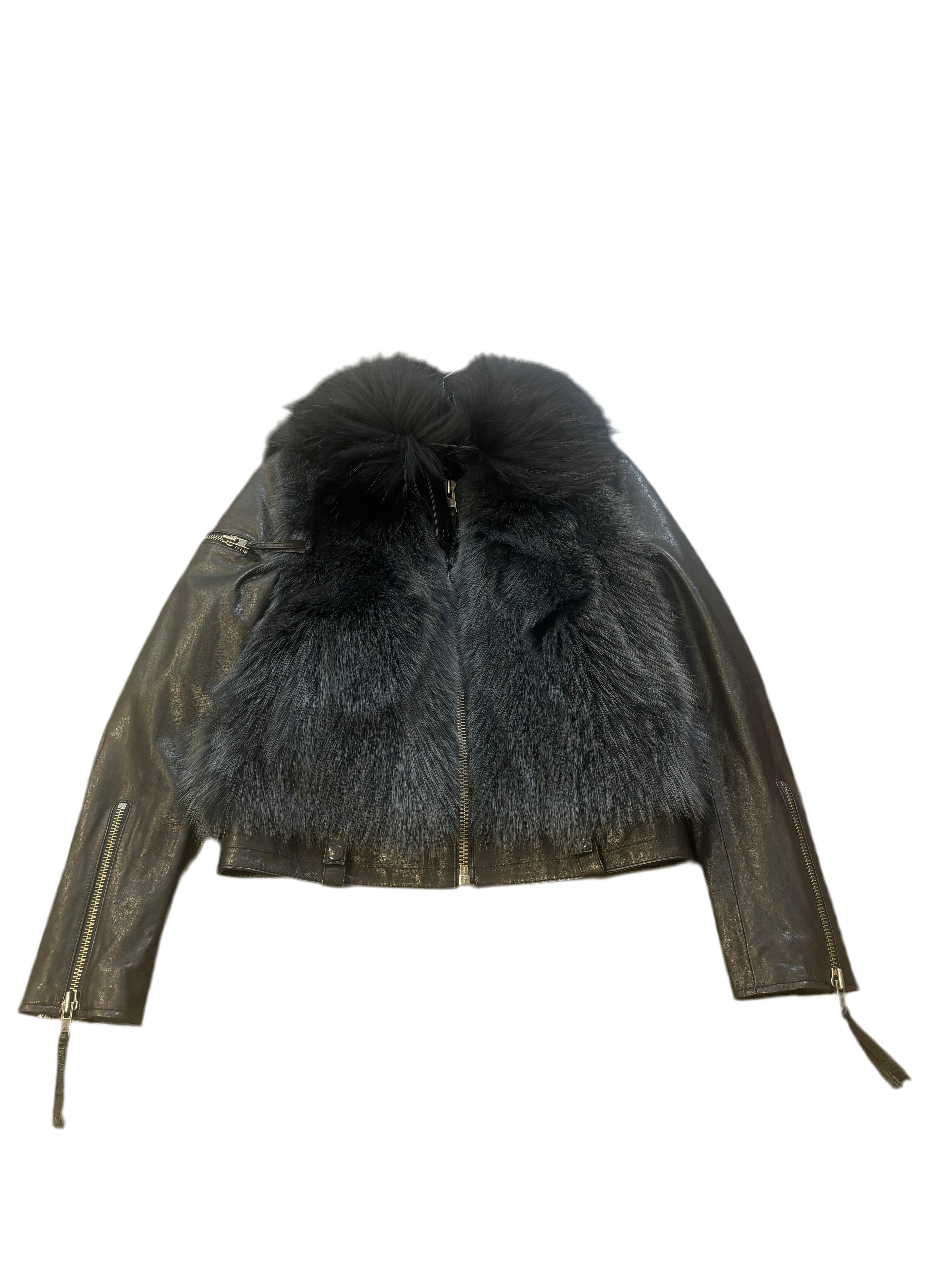 SAM NEW YORK fur and leather jacket, black leather removable sleeves, blue and black fox and raccoon fur