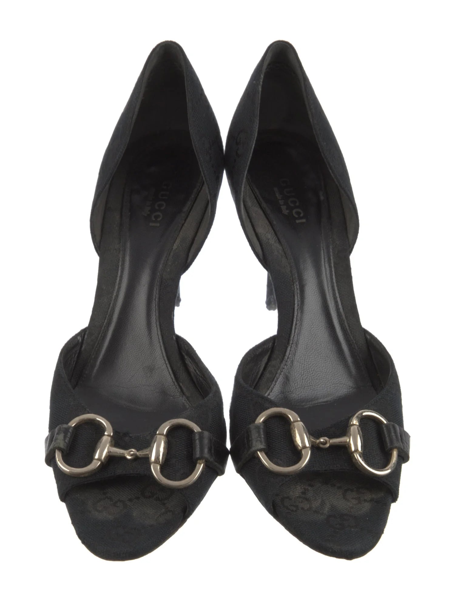 GUCCI black canvas monogram heel with gold horsebit, peep toe, w dust bag