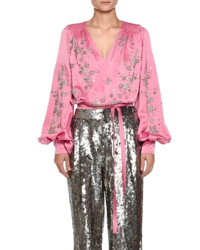ATTICO pink satin top with jewelled stars