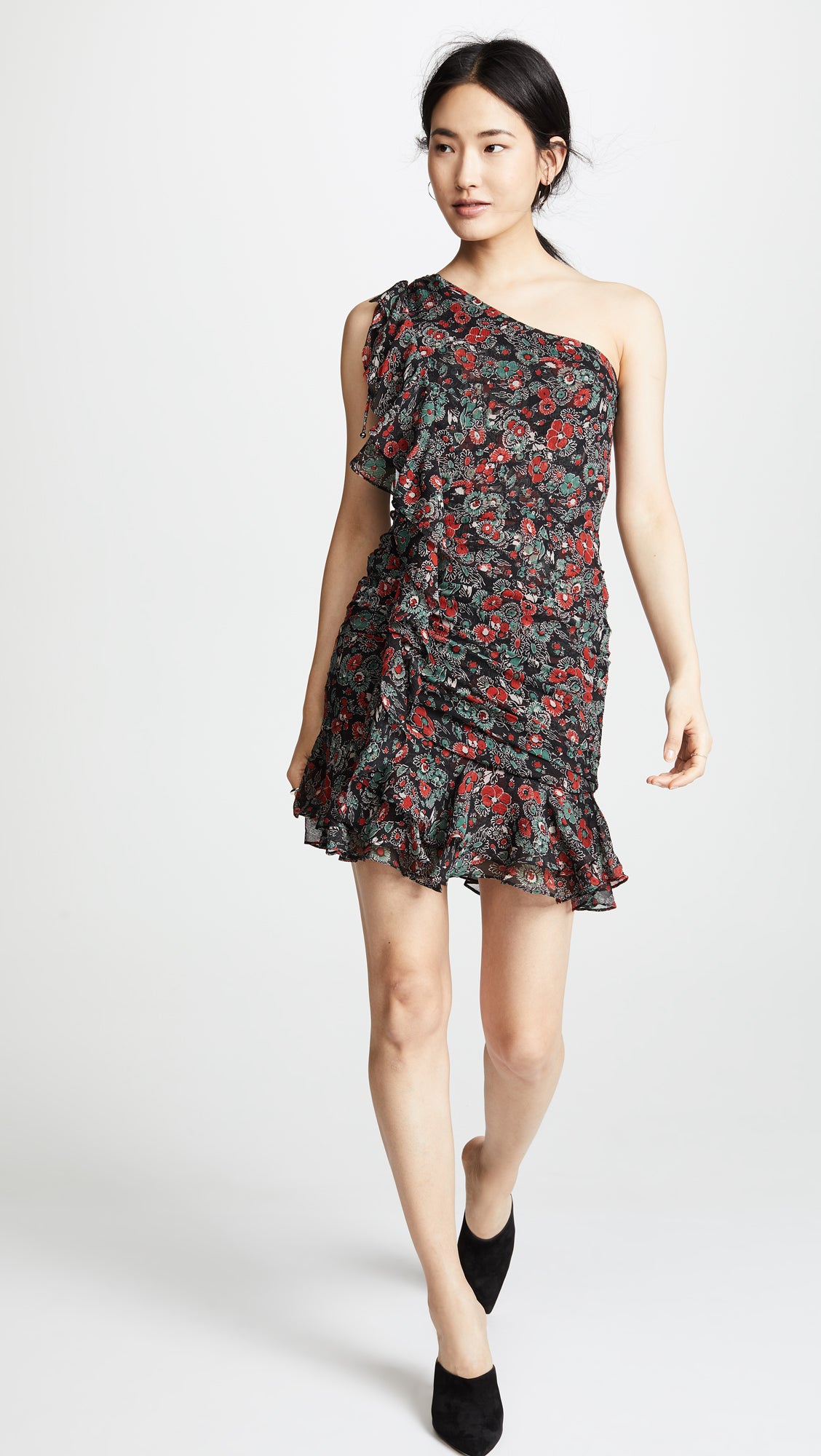 VERONICA BEARD red floral print one shoulder chiffon dress