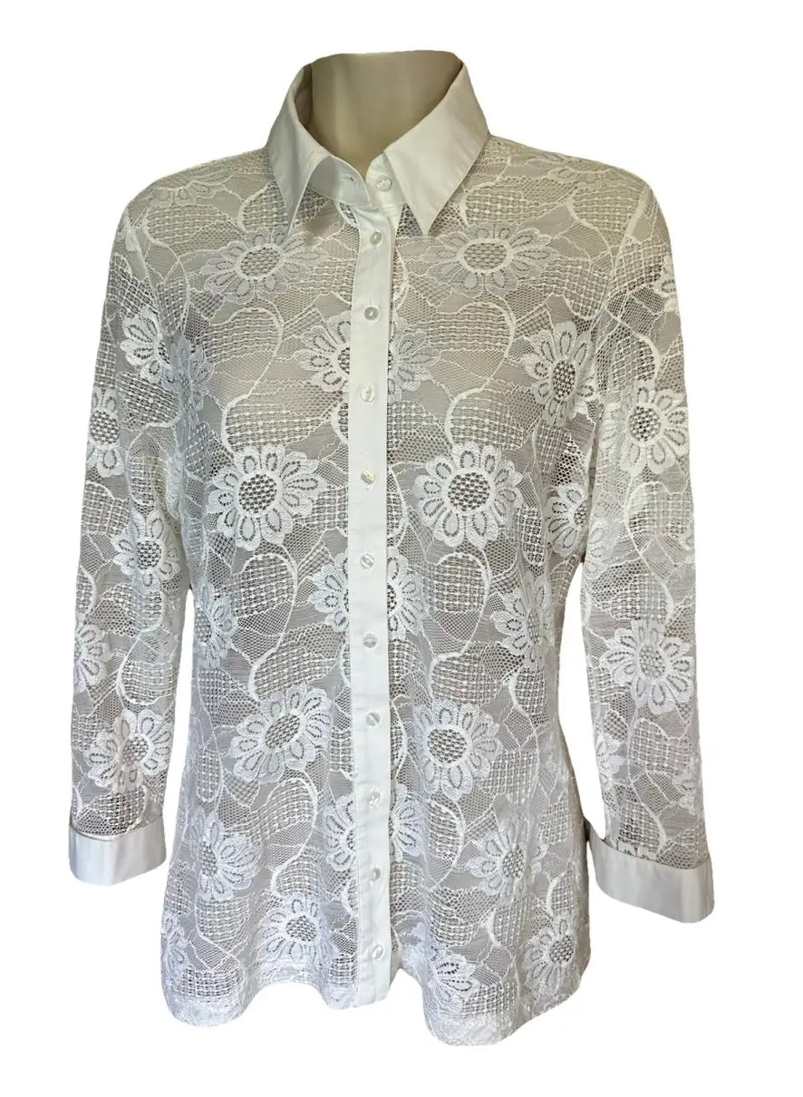 Anne Fontaine Sheer Lace Button Up Blouse