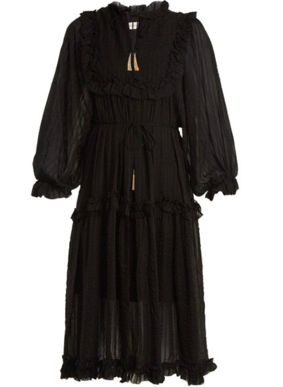 ZIMMERMANN MAPLES RUFFLED TIE-WAIST SILK DRESS IN BLACK