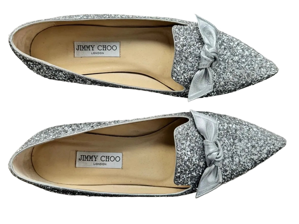 JIMMY CHOO silver glitter pointed flats (gabie flat)
