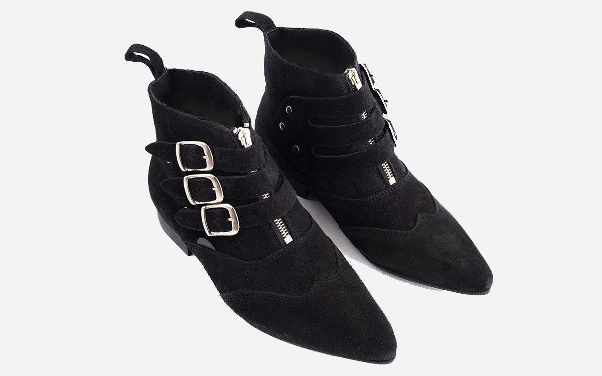 TABITHA SIMMONS black suede boots with SHW buckles