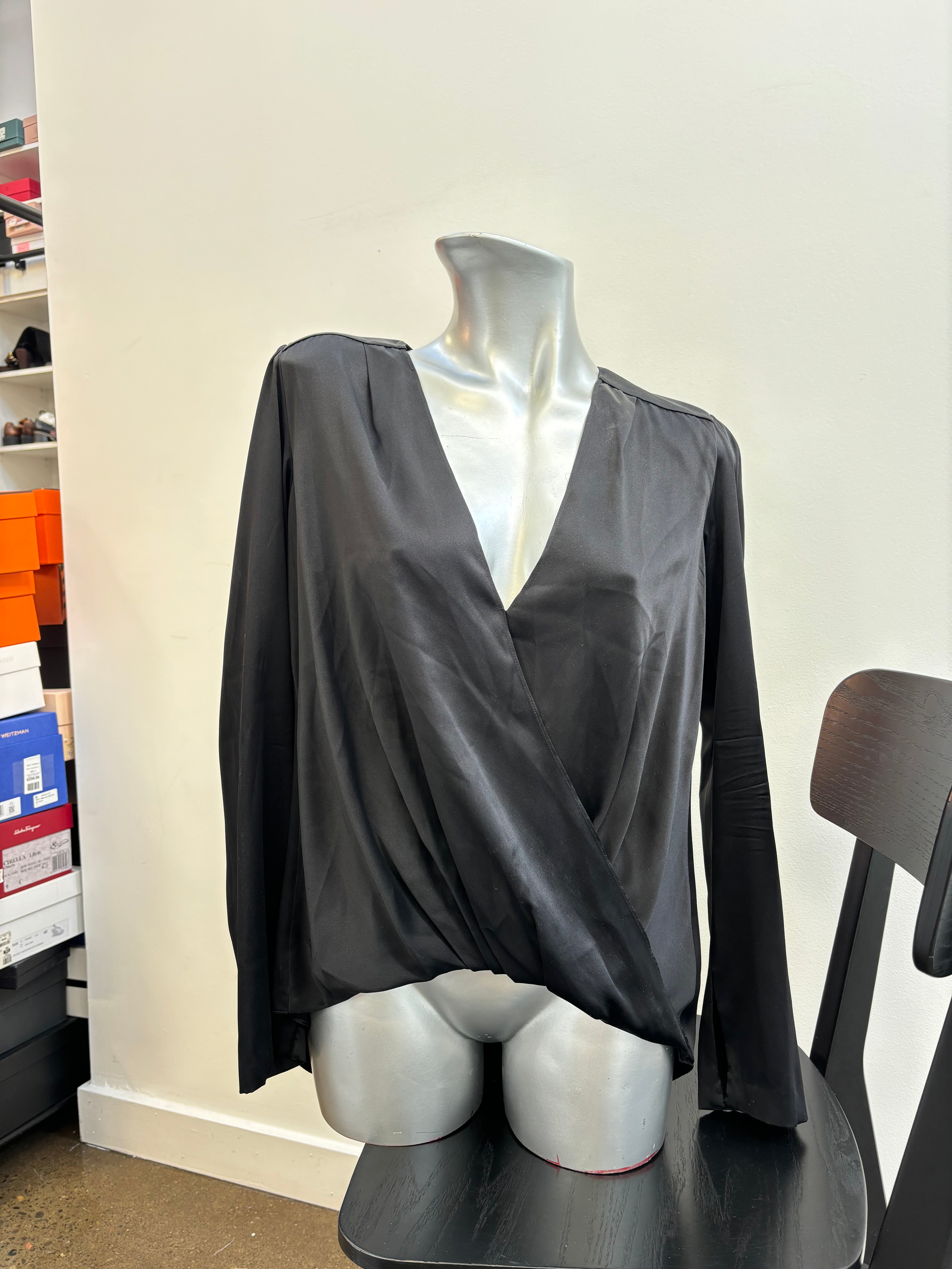 A.L.C. black silk long sleeve top, v neck, draped front