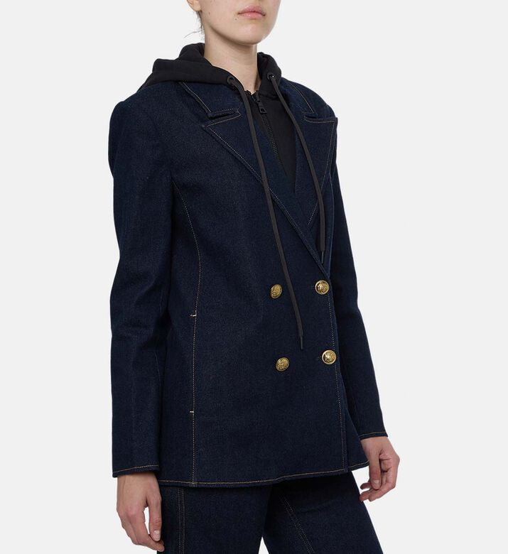 Alice and Olivia Jeans Navy Double Breasted Denim Blazer with Hooded Insert and Gold Buttons