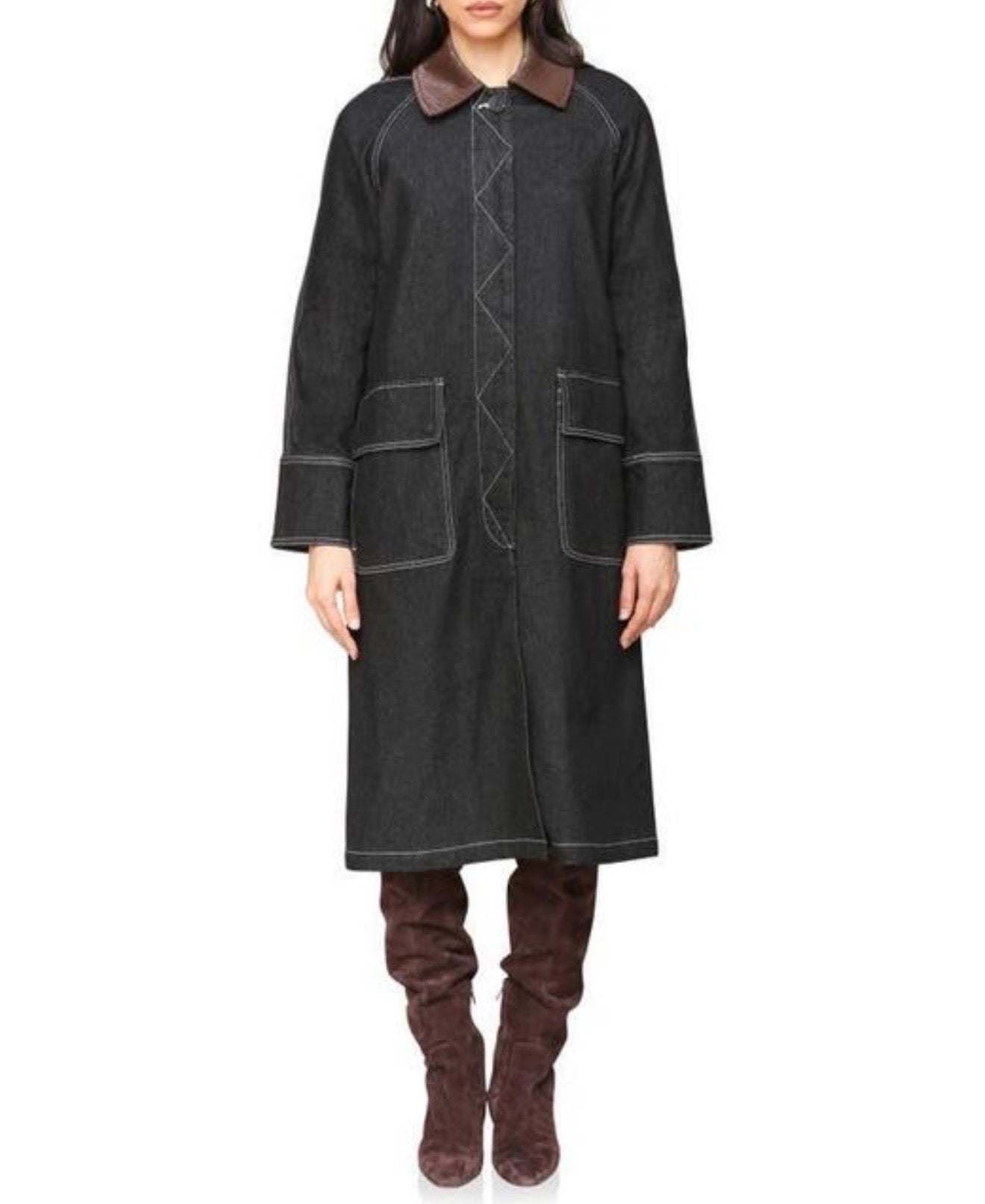 Avec Les Filles - Dark Denim Coat with Barn Collar