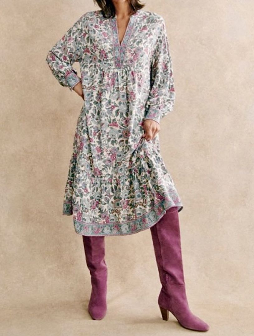 Sezane Floral Print Long Sleeve Midi Dress