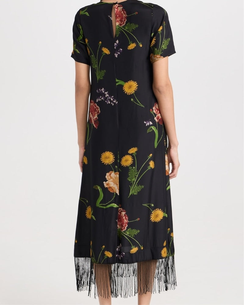 Isla & White Floral Dress with Beaded Fringe