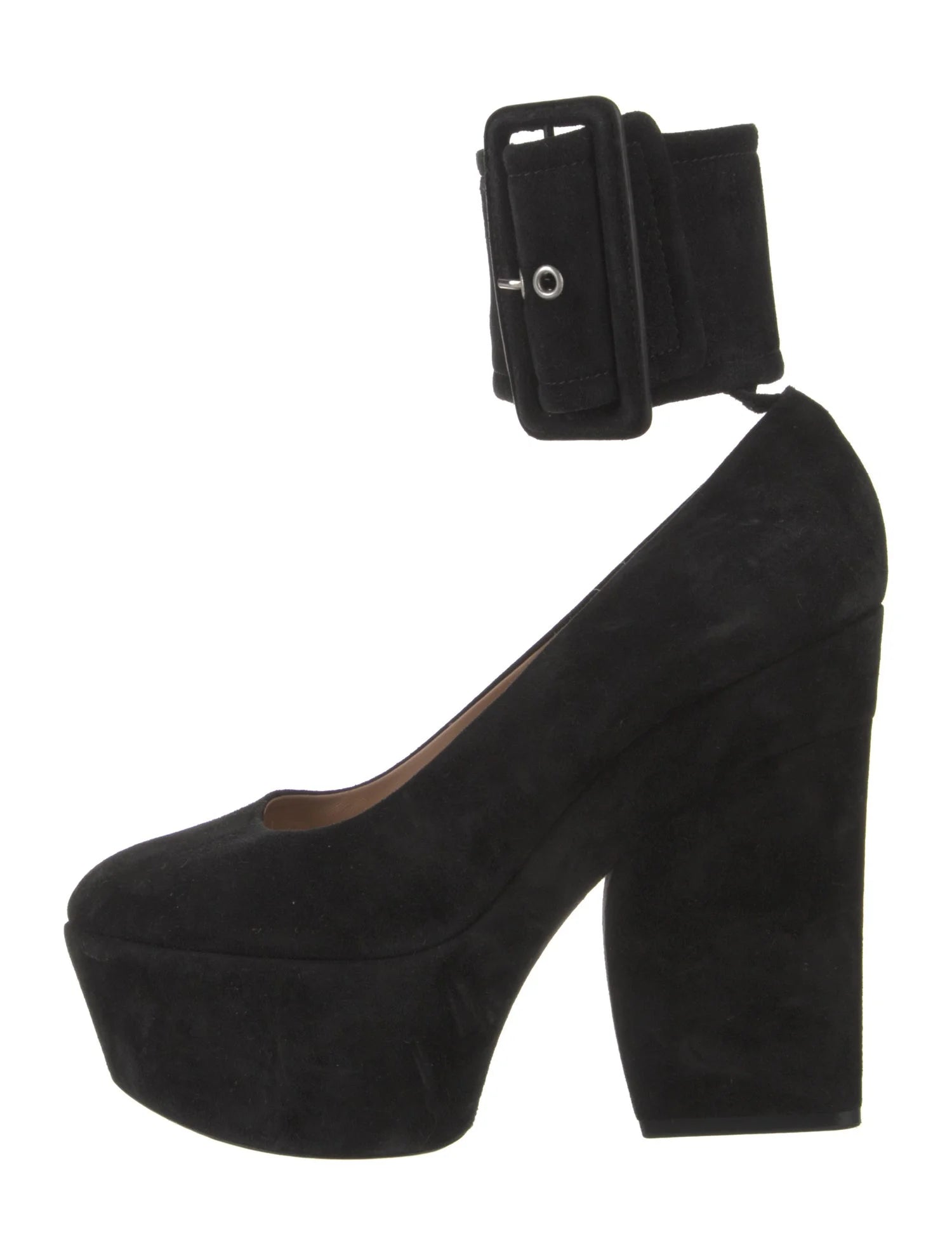 CELINE suede black pumps, thick ankle strap w buckle