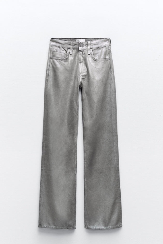 ZARA - METALLIC TRF MID-RISE WIDE LEG JEANS