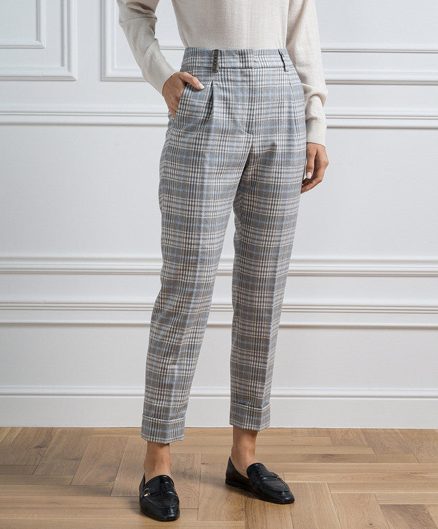 PESERICO cropped plaid pants, grey and blue, monili down sides