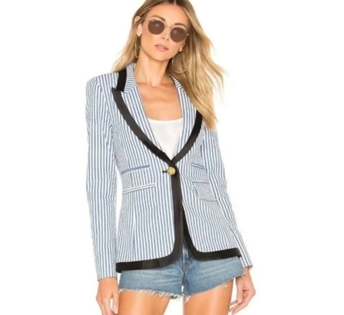 SMYTHE - Taped Peaked Lapel Blazer in Blue Seersucker