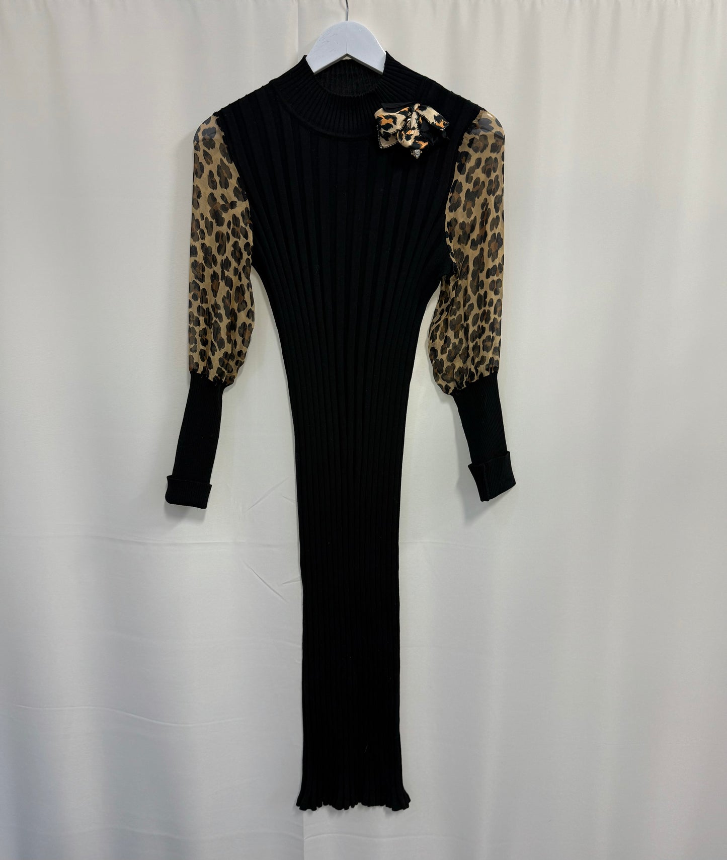 Daniela Drei - Black Ribbed Dress with Chiffon Leopard Sleeves