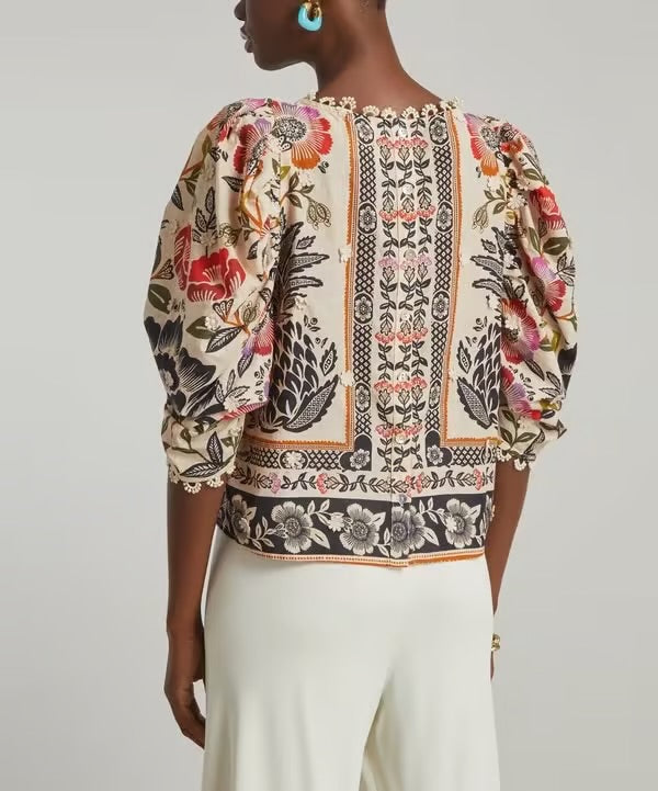 FARM RIO multi colour floral blouse with puff sleeve