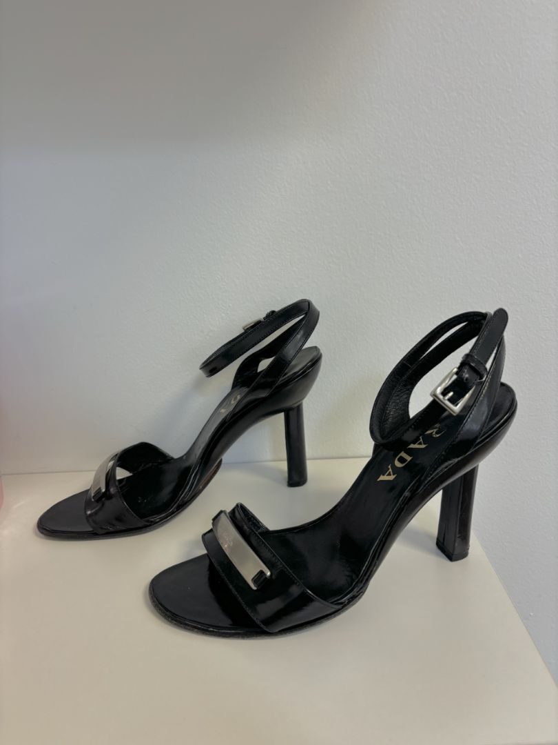 Prada Ankle Strap Heel with Silver Logo