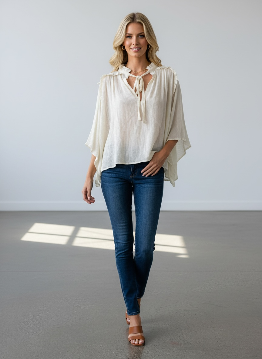 CAROLINA K cream gauze long sleeve top, puffy sleeves