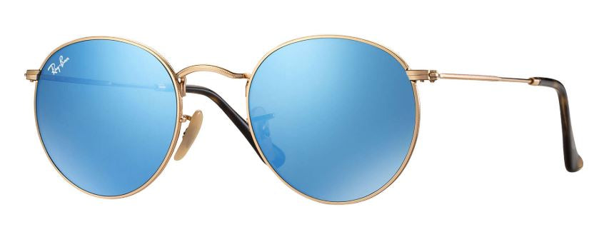 RAYBAN round sunglasses with gold frame and blue flash lenses w/case