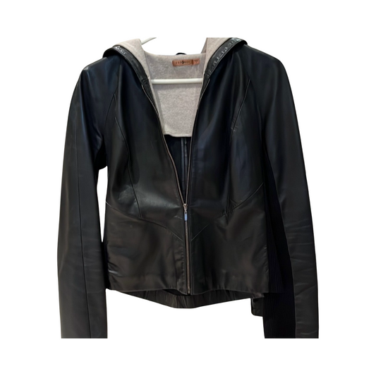 Essendi - Black Leather Jacket with Oat Wool Hood/Lining