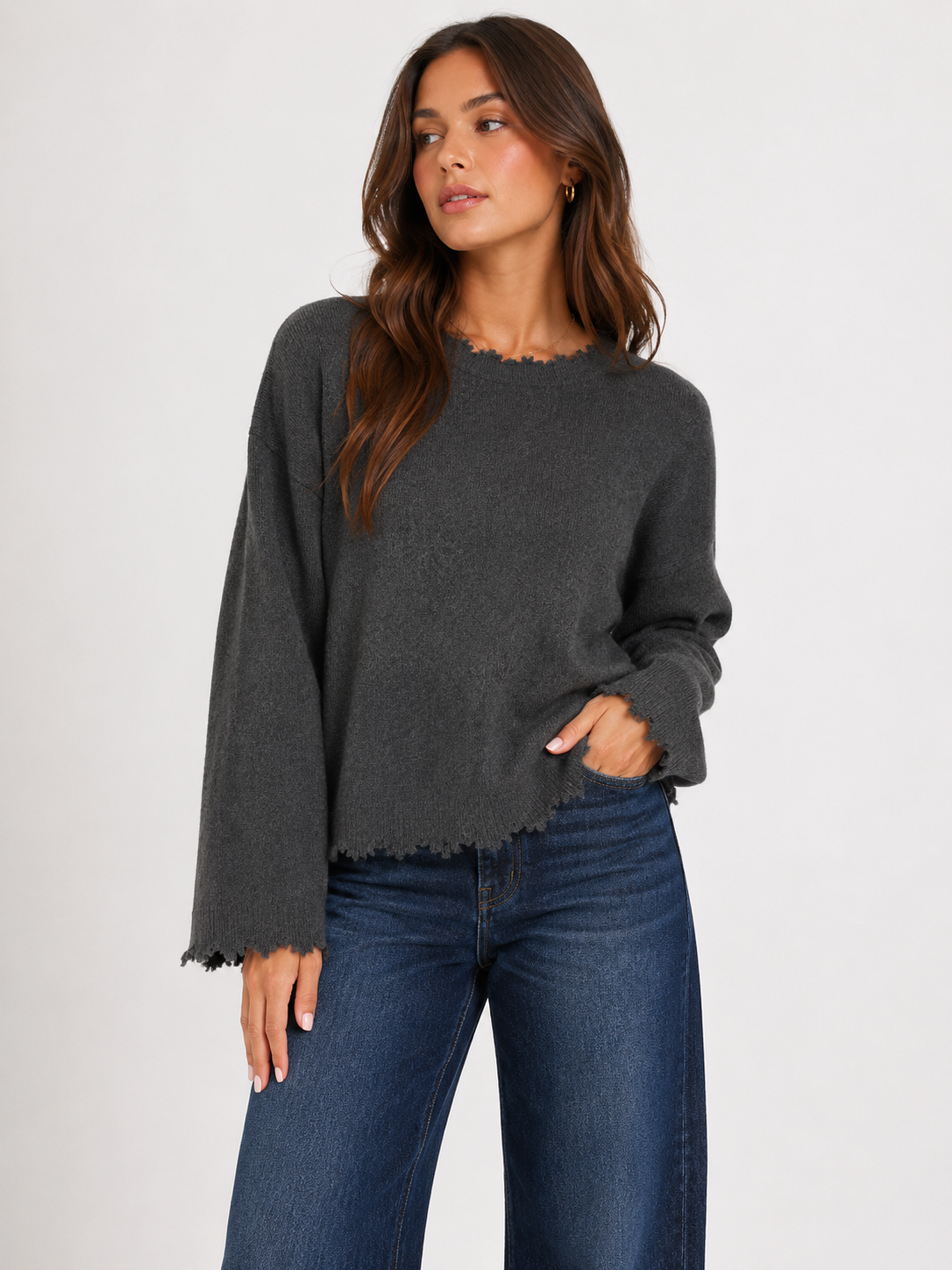 R13 Distressed Crewneck Dark Grey Knit Sweater