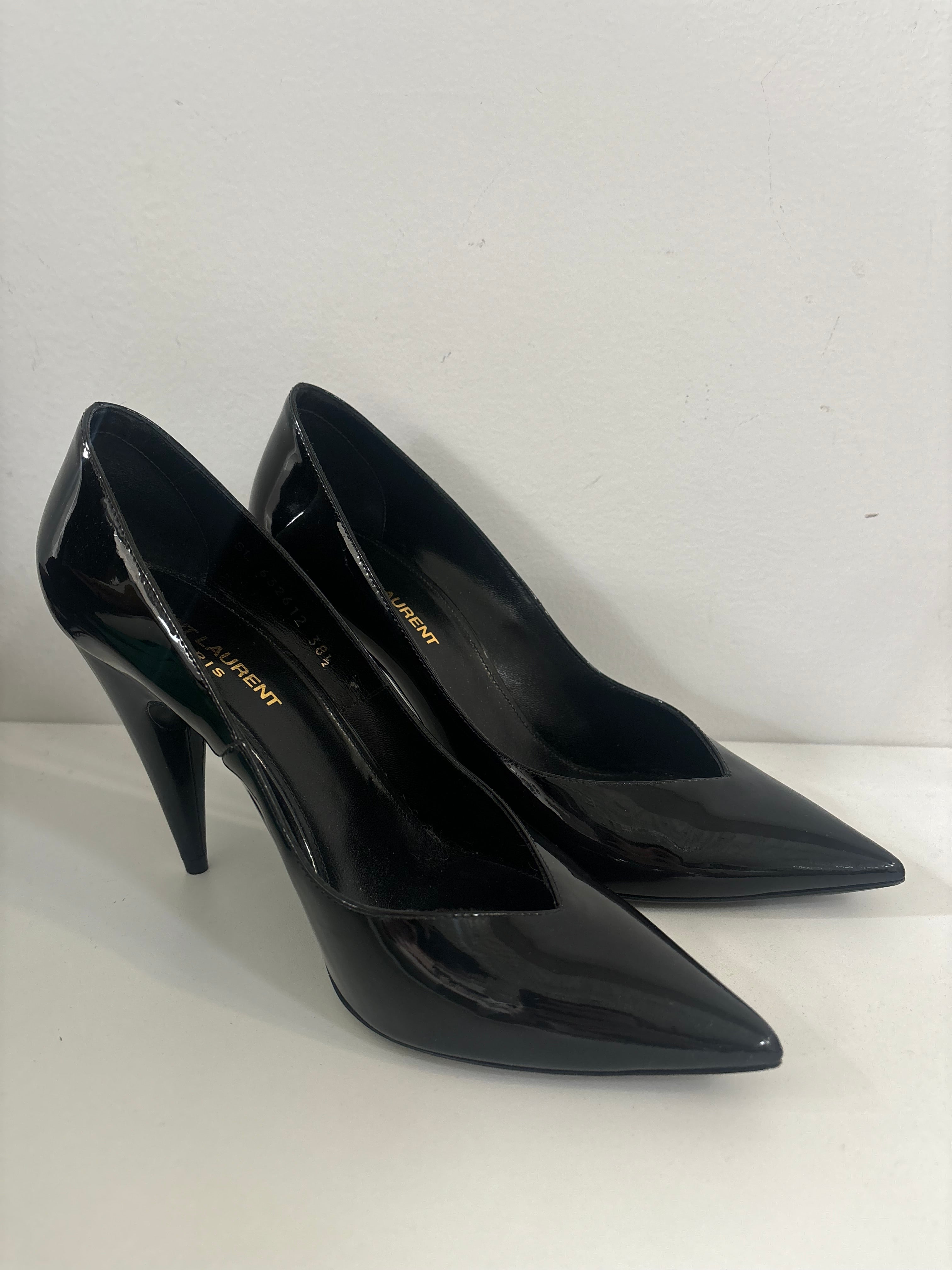 SAINT LAURENT black patent pointed toe heels