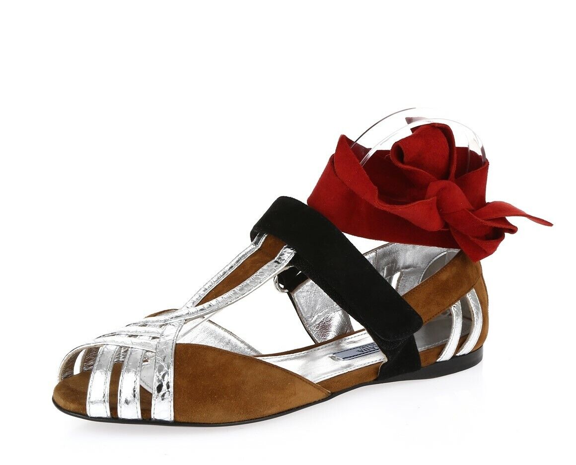 PRADA brown, red, silver ankle wrap peep toe flats