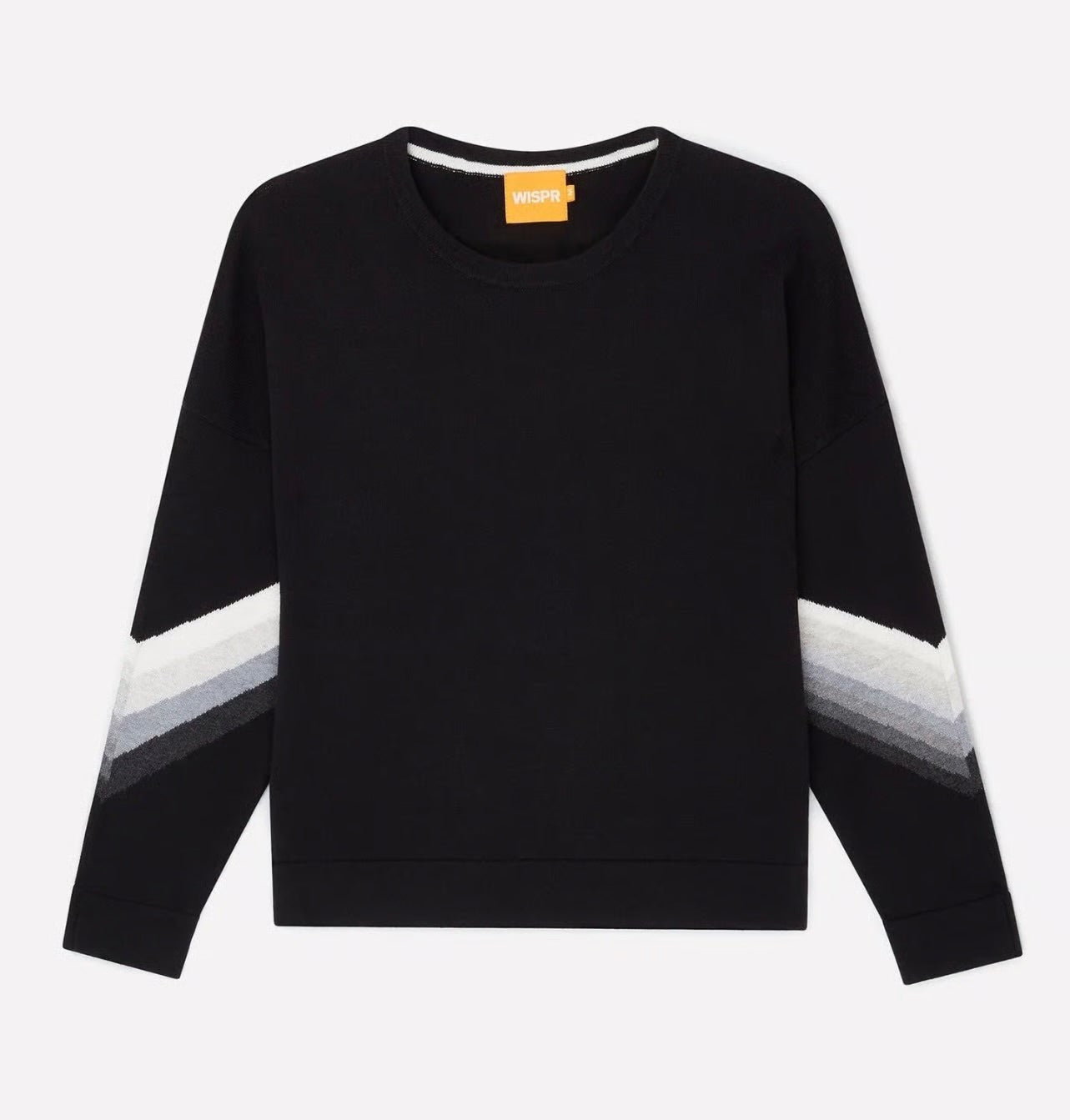WISPR black sweater with grey, white, charcoal stripe sleeve