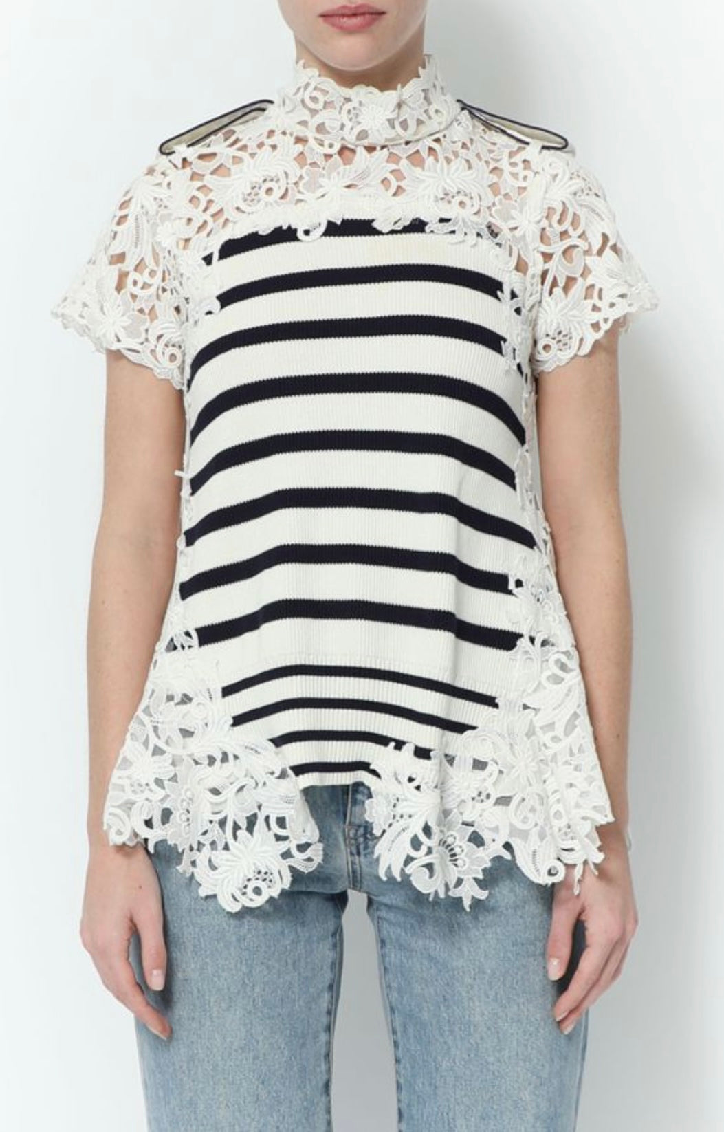 Sacai - Striped And Lace Knit Top