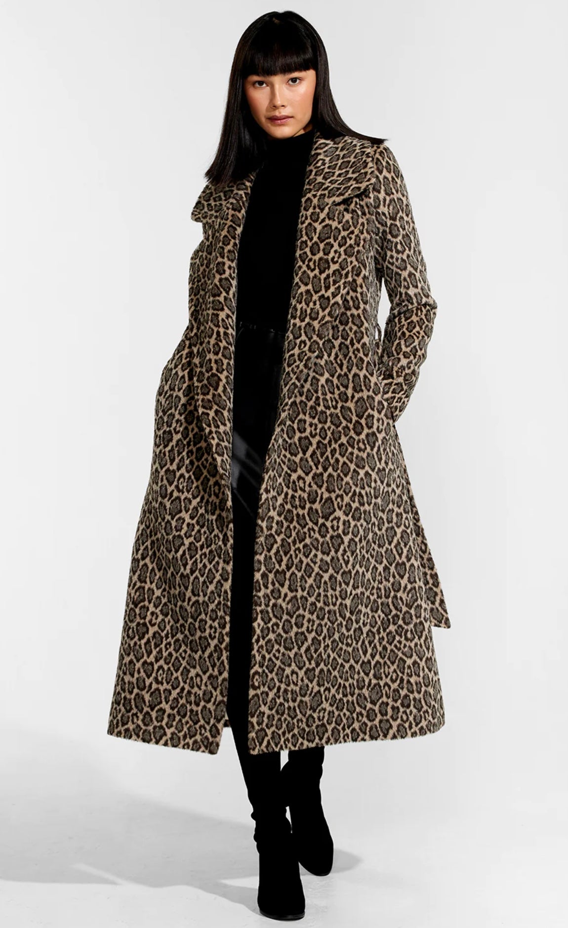 SENTALER - LEOPARD ALPACA LONG NOTCHED COLLAR WRAP COAT