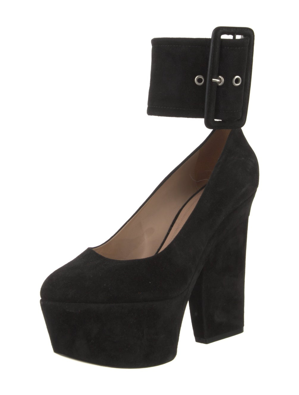 CELINE suede black pumps, thick ankle strap w buckle