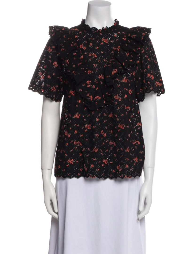 ULLA JOHNSON black floral cotton eyelet ruffle top, S