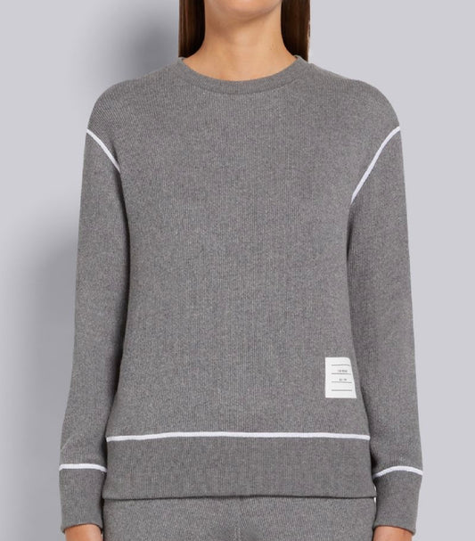 THOM BROWNE -  GREY MESH BACK COTTON RIB CONTRAST COVER STITCH CREW NECK PULLOVER SWEATSHIRT