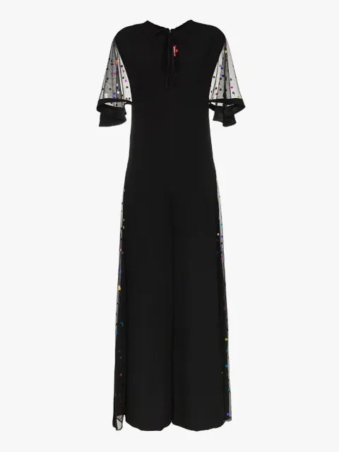 STAUD black maxi jumpsuit, sheer black sleeves w stitched rainbow polka dots