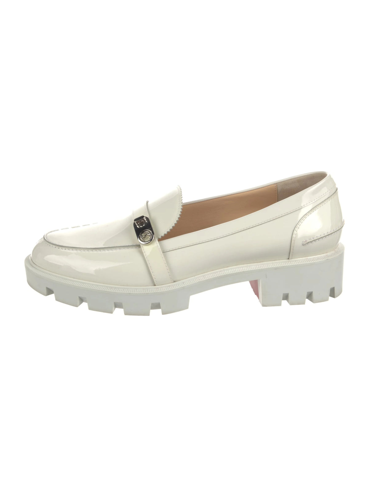CHRISTIAN LOUBOUTIN PATENT LEATHER LOAFERS IN WHITE