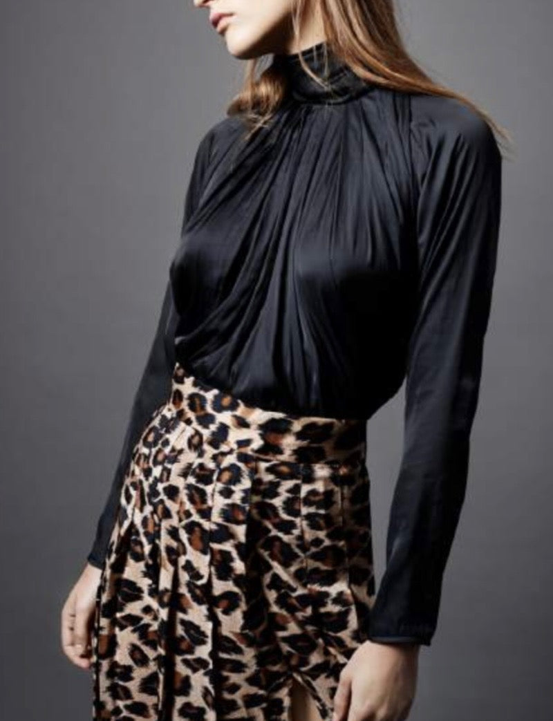 SMYTHE black satin turtleneck long sleeve blouse, button up back
